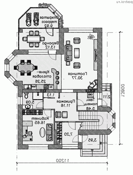 T-212-1P проект двухэтажного дома из пенобетона размером 14 на 11  - 1-й этаж