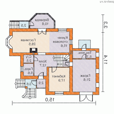 T-213-1P проект двухэтажного дома из пенобетона с гаражом размером 15 на 15  - 1-й этаж