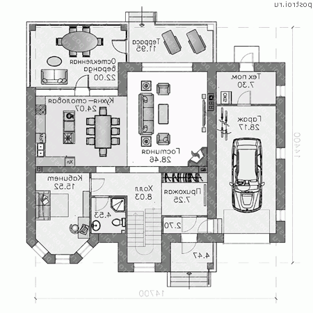 T-244-1P проект двухэтажного дома из газобетона с гаражом размером 14 на 15 - 1-й этаж T-244-1P проект двухэтажного дома из газобетона с гаражом размером 14 на 15 - 1-й этаж