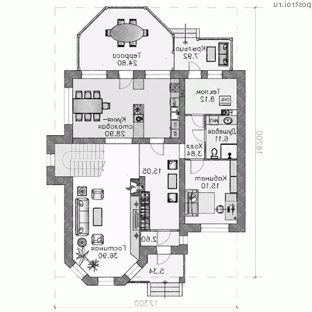 T-245-1P проект двухэтажного дома из газобетона размером 18 на 12  - 1-й этаж
