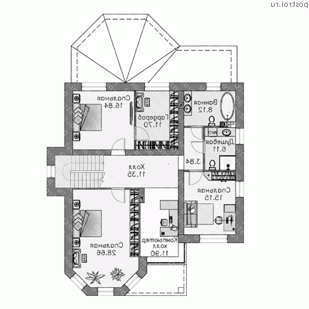 T-245-1P проект двухэтажного дома из газобетона размером 18 на 12  - 2-й этаж
