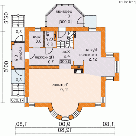 T-254-1P проект двухэтажного коттеджа из пеноблоков с цоколем размером 12 на 13  - 1-й этаж