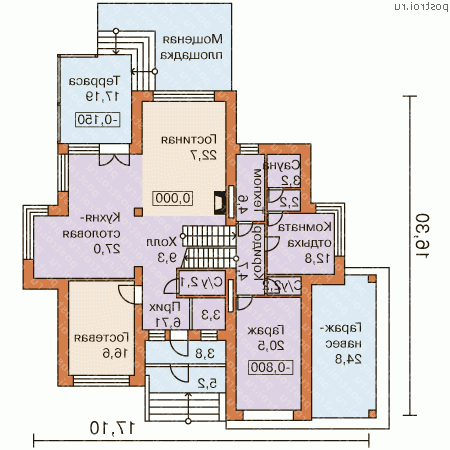 T-261-1P проект двухэтажного дома из пеноблоков с гаражом размером 16 на 17 - 1-й этаж T-261-1P проект двухэтажного дома из пеноблоков с гаражом размером 16 на 17 - 1-й этаж