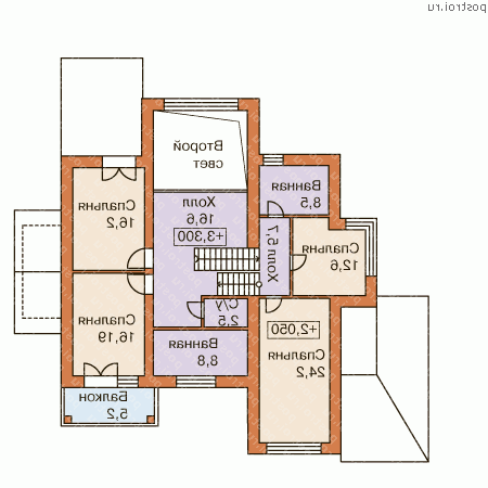 T-261-1P проект двухэтажного дома из пеноблоков с гаражом размером 16 на 17 - 2-й этаж T-261-1P проект двухэтажного дома из пеноблоков с гаражом размером 16 на 17 - 2-й этаж