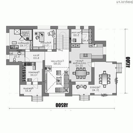 T-264-1K проект двухэтажного дома из кирпича размером 19 на 12 - 1-й этаж