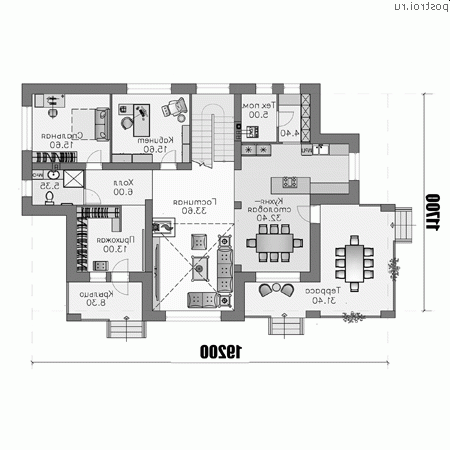 T-264-1K проект двухэтажного дома из кирпича размером 19 на 12 - 1-й этаж (вариант 2)