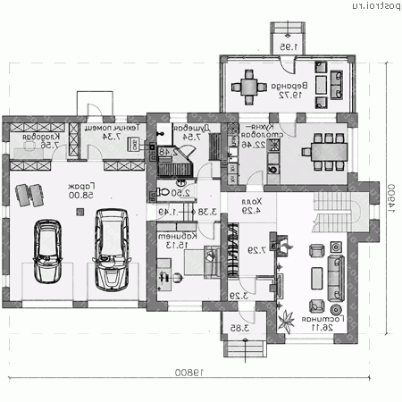 T-284-1P проект двухэтажного дома из пеноблоков с гаражом размером 15 на 20  - 1-й этаж (вариант 2)