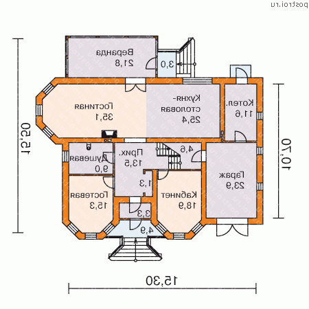 T-287-1P проект двухэтажного дома из пеноблоков с гаражом размером 16 на 15 - 1-й этаж