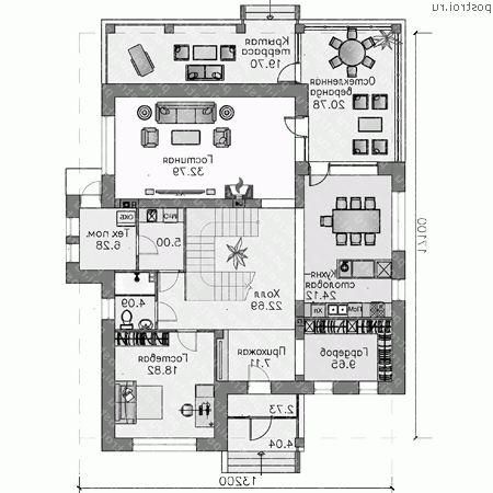T-288-1P проект двухэтажного дома из пеноблоков размером 17 на 13 - 1-й этаж T-288-1P проект двухэтажного дома из пеноблоков размером 17 на 13 - 1-й этаж