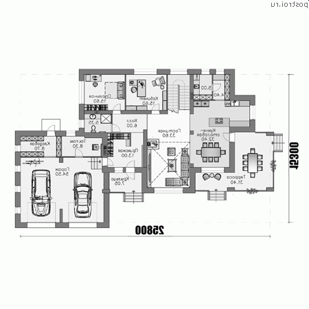 T-332-1K проект двухэтажного дома из кирпича с гаражом размером 26 на 15 - 1-й этаж