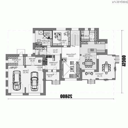 T-332-1K проект двухэтажного дома из кирпича с гаражом размером 26 на 15 - 1-й этаж (вариант 2)
