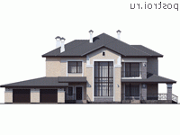 T-332-1K проект двухэтажного дома из кирпича с гаражом размером 26 на 15 - вид спереди