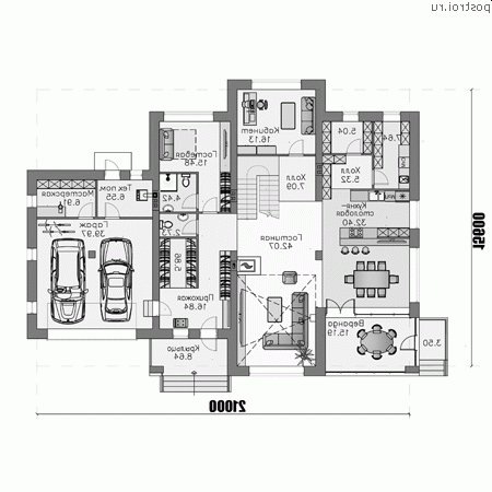T-389-1K проект двухэтажного дома из кирпича с гаражом размером 21 на 16 - 1-й этаж