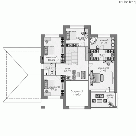 T-389-1K проект двухэтажного дома из кирпича с гаражом размером 21 на 16 - 2-й этаж