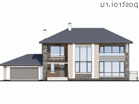 T-389-1K проект двухэтажного дома из кирпича с гаражом размером 21 на 16 - вид спереди