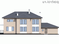 T-389-1K проект двухэтажного дома из кирпича с гаражом размером 21 на 16 - вид сзади