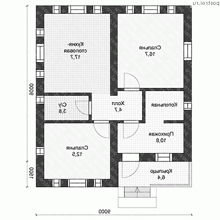 U-066-1P проект одноэтажного дома из пеноблока размером 11 на 9 - 1-й этаж