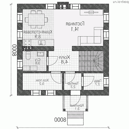 U-085-1P проект одноэтажного дома из пеноблока с мансардой размером 8 на 8  - 1-й этаж