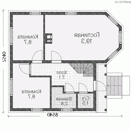 U-089-1D проект одноэтажного деревянного дома из бруса с мансардой размером 9 на 8  - 1-й этаж