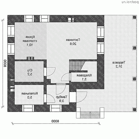 U-093-1P проект двухэтажного коттеджа из пеноблока размером 8 на 8 - 1-й этаж