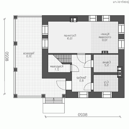 U-093-2P проект двухэтажного коттеджа из пеноблока размером 8 на 8 - 1-й этаж U-093-2P проект двухэтажного коттеджа из пеноблока размером 8 на 8 - 1-й этаж