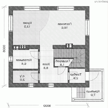 U-110-1P проект одноэтажного коттеджа из пенобетона с мансардой размером 9 на 9 - 1-й этаж