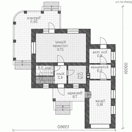 U-112-1K проект двухэтажного коттеджа из кирпича с гаражом размером 14 на 16  - 1-й этаж