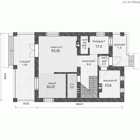 U-117-1P проект двухэтажного коттеджа из пенобетона размером 11 на 8 - 1-й этаж