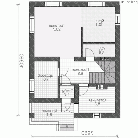 U-117-3P проект двухэтажного коттеджа из пенобетона размером 10 на 8  - 1-й этаж