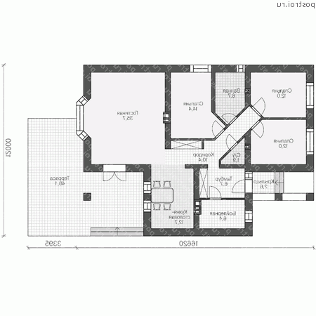 U-119-1K проект одноэтажного коттеджа из кирпича размером 12 на 17  - 1-й этаж