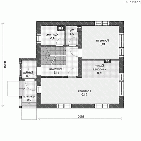 U-119-1P проект одноэтажного дома из газобетона с мансардой размером 9 на 9 - 1-й этаж U-119-1P проект одноэтажного дома из газобетона с мансардой размером 9 на 9 - 1-й этаж