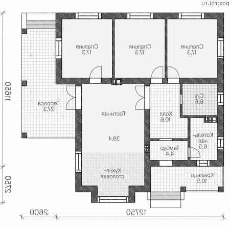 U-120-1P проект одноэтажного коттеджа из пенобетона размером 14 на 13 - 1-й этаж U-120-1P проект одноэтажного коттеджа из пенобетона размером 14 на 13 - 1-й этаж