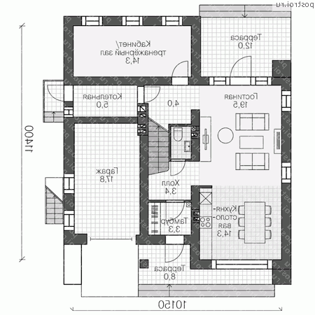 U-128-1P проект двухэтажного коттеджа из газобетона с гаражом размером 11 на 10 - 1-й этаж