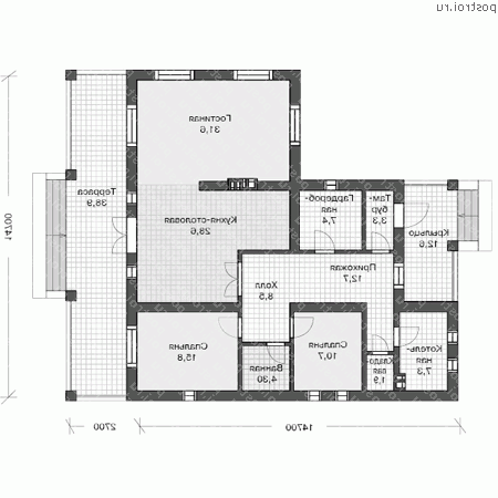 U-132-1P проект одноэтажного дома из пеноблоков размером 15 на 15 - 1-й этаж