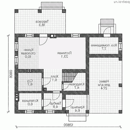 U-134-1P проект двухэтажного дома из газобетона с гаражом размером 9 на 13  - 1-й этаж