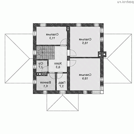 U-144-3P проект двухэтажного дома из пеноблоков с гаражом размером 10 на 10  - 2-й этаж
