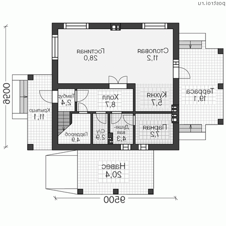 U-147-2P проект двухэтажного дома из газобетона с гаражом размером 10 на 10  - 1-й этаж