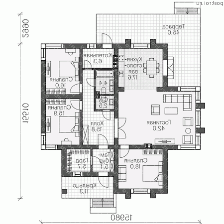 U-149-1P проект одноэтажного дома из газобетона размером 16 на 16 - 1-й этаж