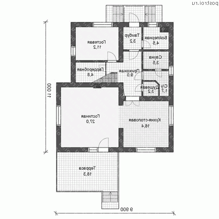 U-153-1P проект одноэтажного коттеджа из пеноблоков с мансардой размером 11 на 10 - 1-й этаж