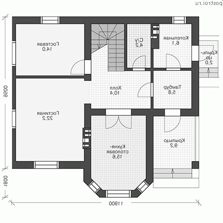 U-156-2P проект двухэтажного коттеджа из пеноблоков размером 12 на 11  - 1-й этаж