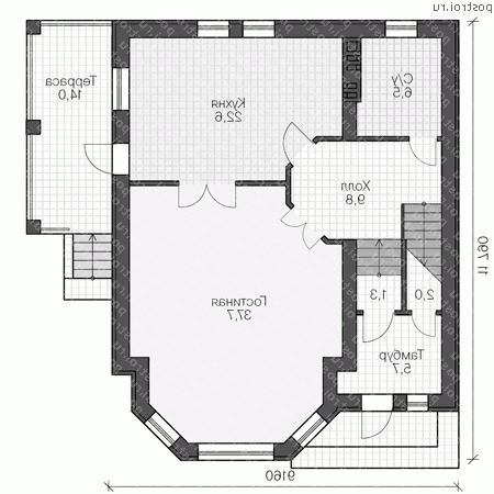 U-162-1K проект двухэтажного дома из кирпича размером 12 на 9  - 1-й этаж