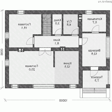 U-163-1P проект двухэтажного дома из пеноблоков размером 10 на 13  - 1-й этаж