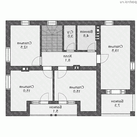 U-163-1P проект двухэтажного дома из пеноблоков размером 10 на 13  - 2-й этаж