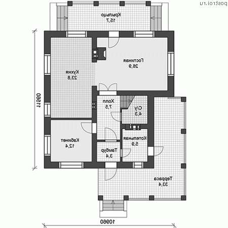 U-164-3P проект двухэтажного дома из пеноблоков размером 11 на 12  - 1-й этаж