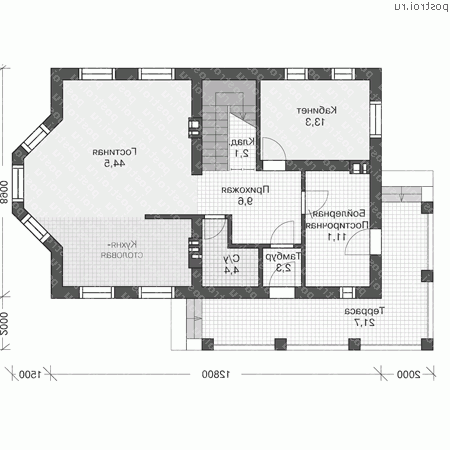 U-168-1P проект двухэтажного дома из пеноблоков размером 11 на 16  - 1-й этаж