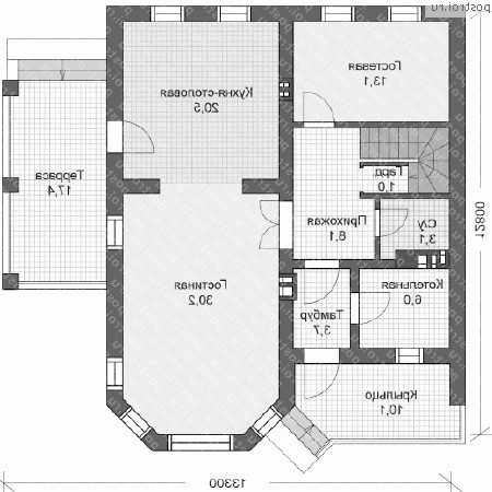 U-169-1P проект двухэтажного дома из пеноблоков размером 13 на 13 - 1-й этаж