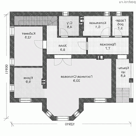 U-171-1P проект двухэтажного дома из пеноблоков размером 11 на 13 - 1-й этаж