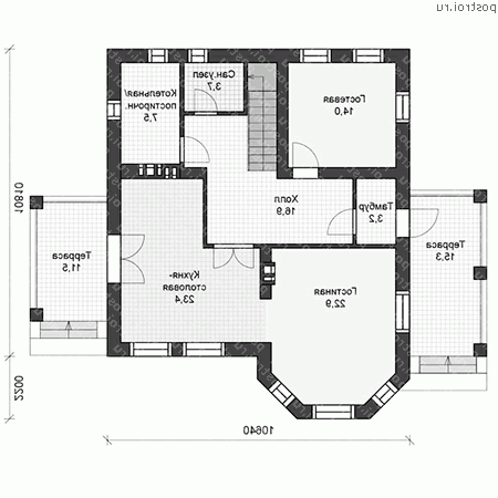 U-171-2K проект одноэтажного дома из кирпича с мансардой размером 13 на 11  - 1-й этаж