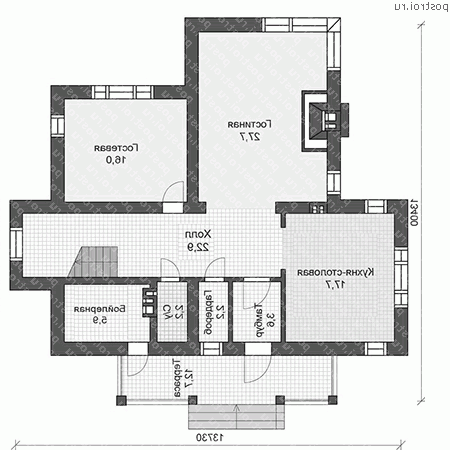 U-172-1P проект двухэтажного дома из пеноблоков размером 13 на 14 - 1-й этаж