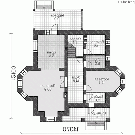 U-174-1K проект двухэтажного дома из кирпича размером 12 на 14  - 1-й этаж